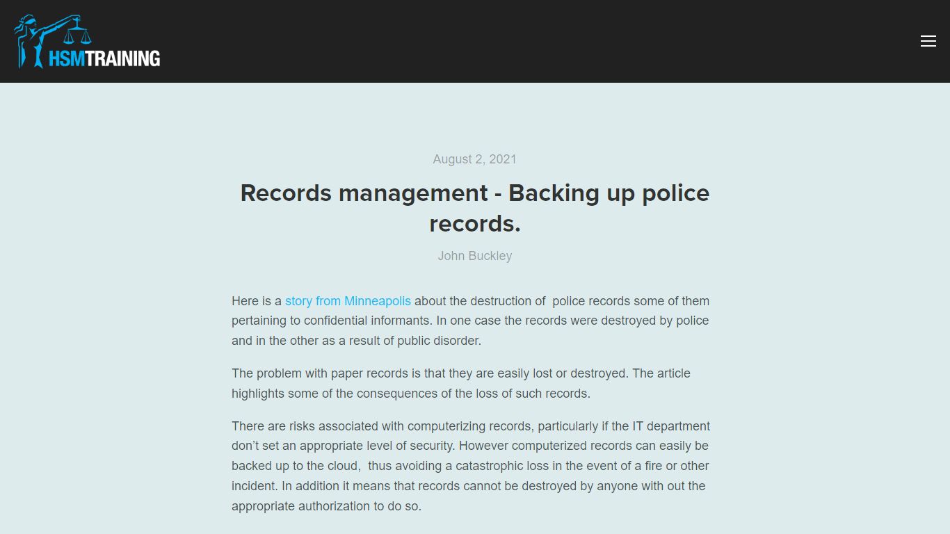 Records management - Backing up police records. — HSM Training and ...